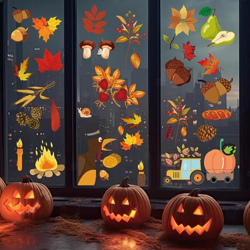 Fall Window Clings Set - Thanksgiving Autumn Leaves & Pumpkin Decals