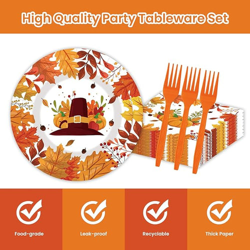 80pcs Thanksgiving Paper Plates and Napkins Forks Fall Dinner Cake Plates Autumn Leaves Pumpkin Party Decorations for Fall Thanksgiving Holiday Wedding Birthday,Serves 20