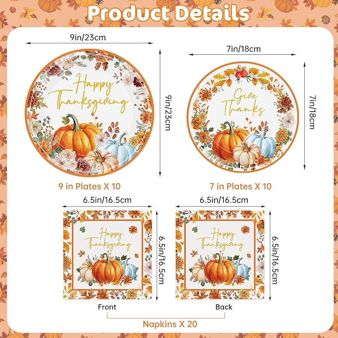 40 Pcs Happy Thanksgiving Paper Plates and Napkins Sets - Disposable Fall Thanksgiving Party Plates Napkins, Maple Leaf Pumpkin Watercolor Tableware for Thanks Giving Party Supplies Table Decorations
