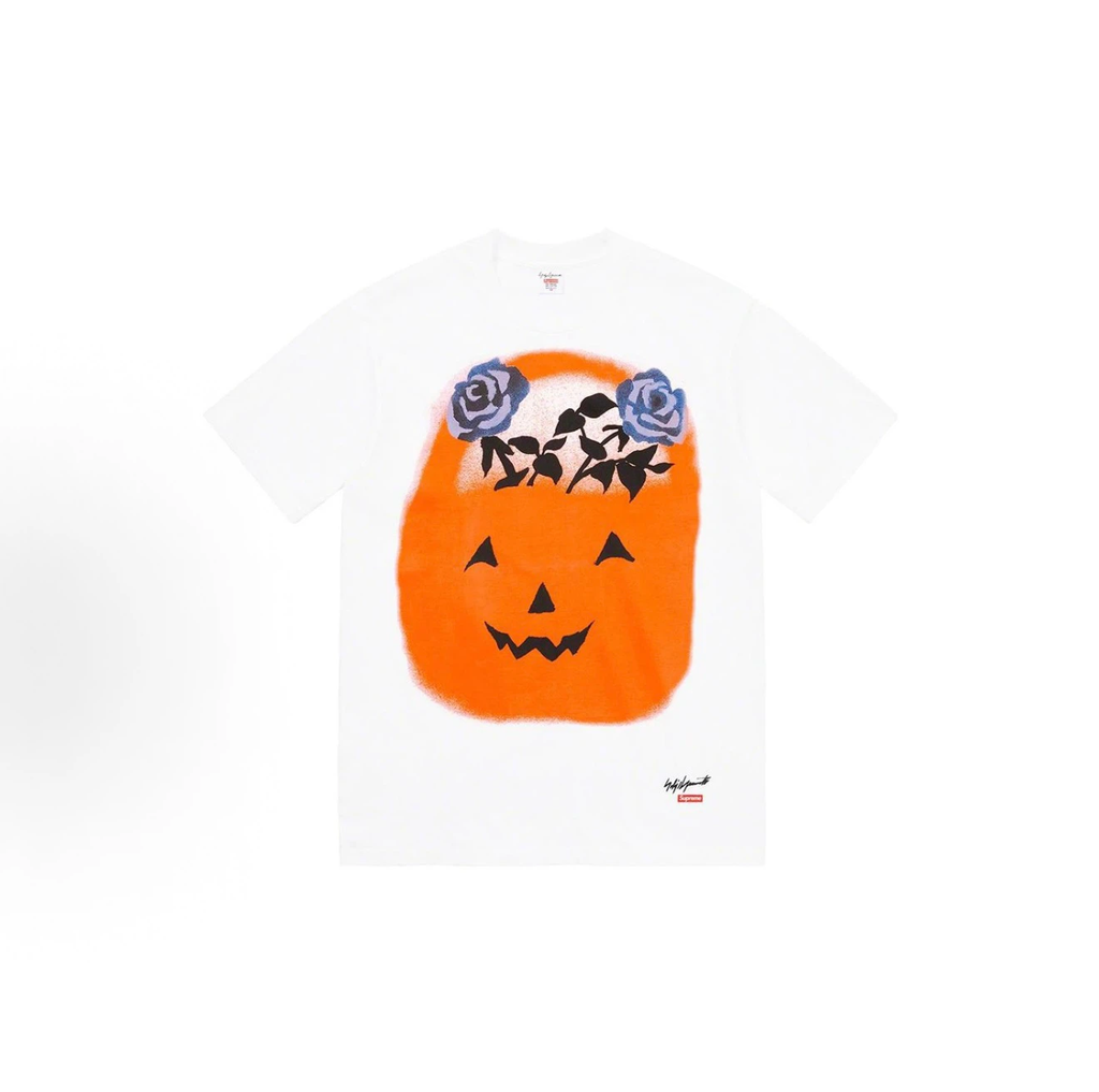 Supreme Yohji Yamamoto Pumpkin T-Shirt, Halloween Jack O Lantern Blue Rose Graphic White Short Sleeve Tee