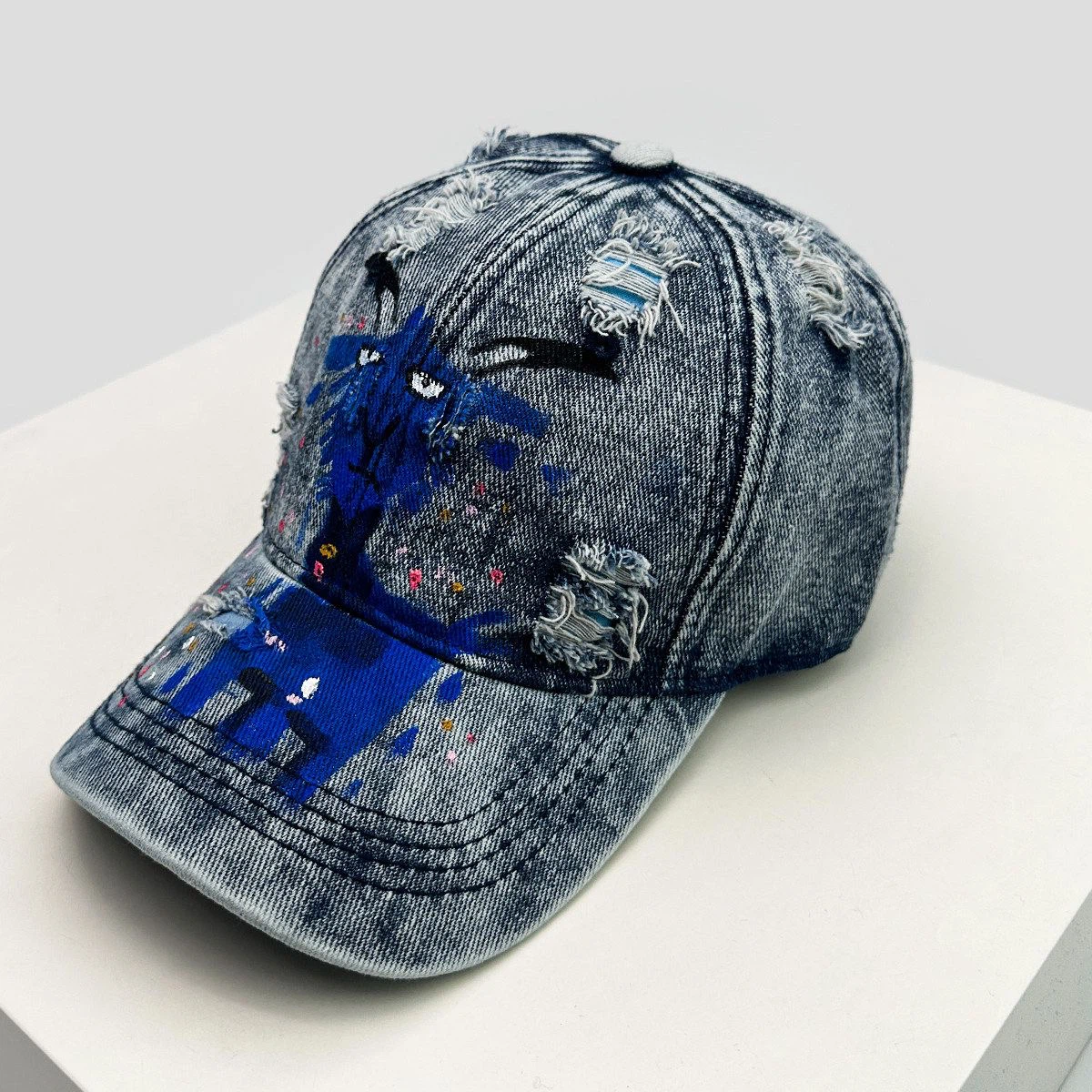 Light Grey Washed Distressed Denim Cap, Blue Demon Goat Print Ripped Baseball Hat