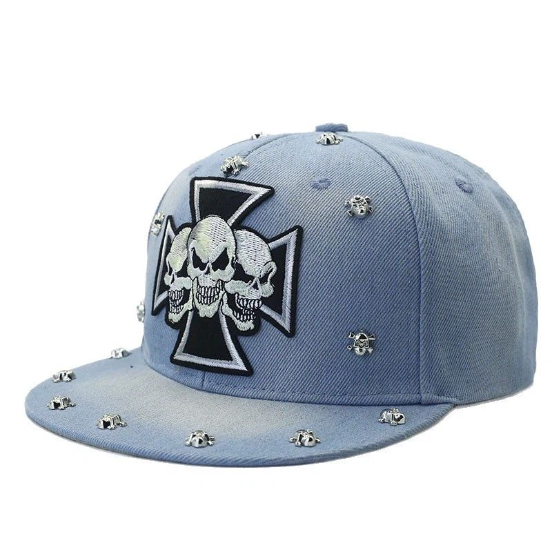 Skull Cross Rivet Snapback Hat 3 Colors, Gothic Embroidered Flat Brim Cap, One Size 56-58cm Head Circumference