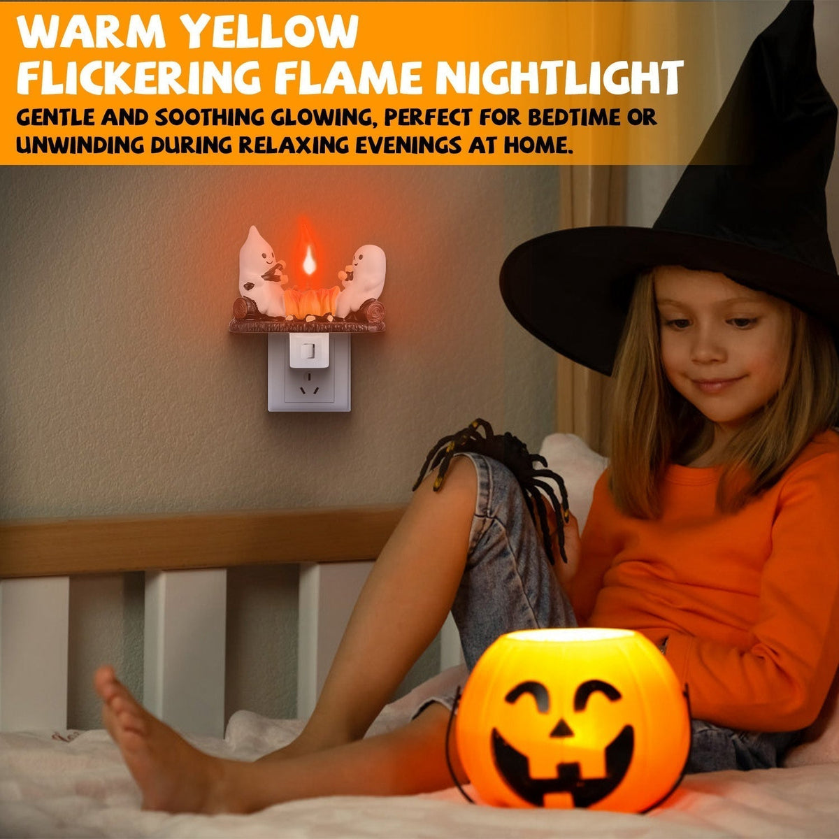 2Pcs Ghost Campfire Flickering Flame Night Light Indoor 3D Funny Halloween Nightlight Decoration Bedroom Night Light Halloween Decoration Gift For Fri